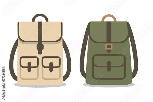Pair of classic style rucksacks in beige and olive green for travel and outdoor activities