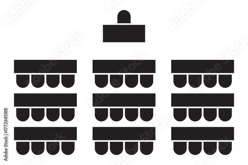 Auditorium seatings plan top view. Schooll classroom or college lectorium seats arrangment. Schema of furniture in meeting or conference, training or seminar event. Vector graphic illustration