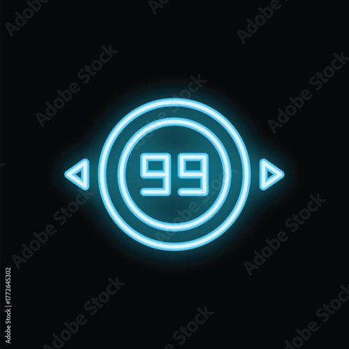 Bright, glowing neon sign displaying the number ninety nine, encircled and flanked by arrows, creating a vibrant, attention grabbing visual