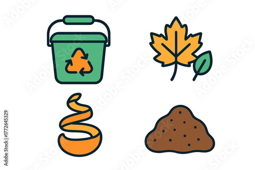 Set of symbols for composting and organic waste recycling with natural elements