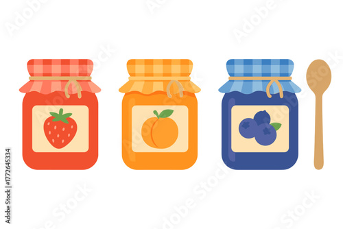 Three colorful fruit jam jars (strawberry, apricot, blueberry) with a wooden spoon