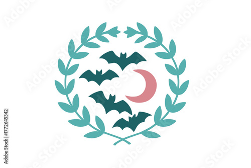 Minimalist dark bats flying around a pink crescent moon framed by a teal botanical wreath