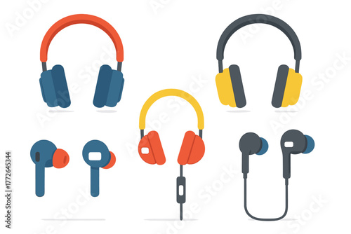 Colorful modern audio devices collection featuring headphones, earbuds, and earphones