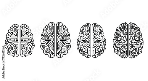 Abstract brain top view line art set four different cerebral cortex patterns vector