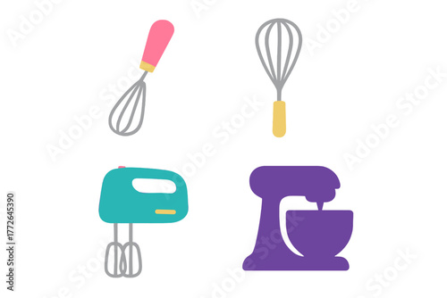 Colorful set of essential kitchen baking equipment featuring electric mixers and manual whisks