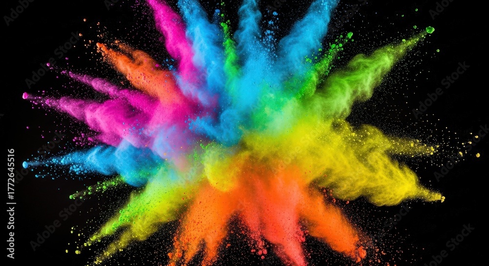 Obraz premium Colorful Powder Explosion on Black Background Abstract Art and Holi Festival Concept