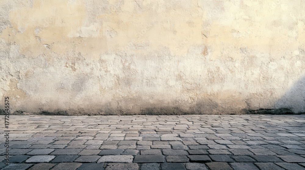Fototapeta premium A textured stone pavement leads up to a weathered wall, creating a rustic and serene atmosphere.