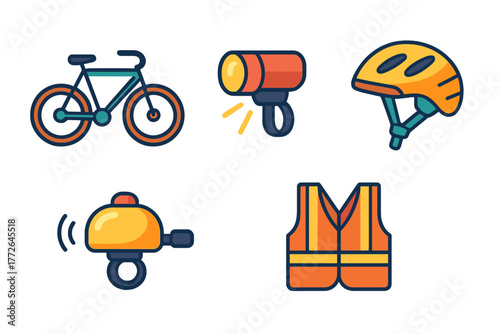 Essential bicycle safety gear and equipment including helmet, light, bell, and reflective vest