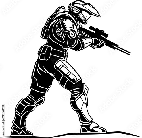 Futuristic Soldier with Rifle – Sci-Fi Combat Silhouette