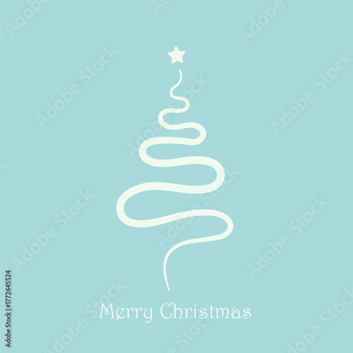Minimalist Christmas greeting card with abstract tree and star on blue background. Elegant winter holiday design for postcard, invitation, or festive decoration.