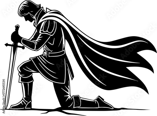 Kneeling Knight with Sword – Black and White Vector