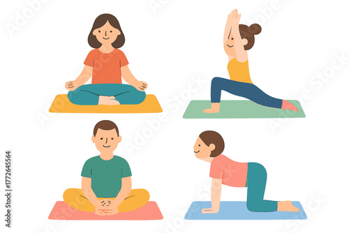 Group of diverse individuals performing various yoga and meditation postures