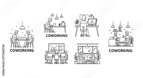 Diverse coworking spaces diverse people working collaborative environments creative office scenes business hubs vector