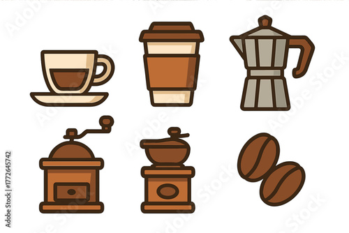 Set of coffee preparation equipment including cup, travel mug, moka pot, manual grinder, and roasted beans