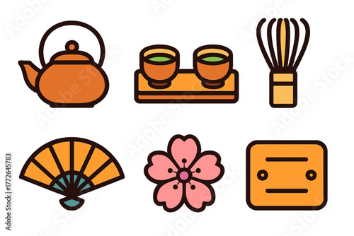 Traditional Japanese cultural icons set featuring tea ceremony elements, folding fan, and cherry blossom