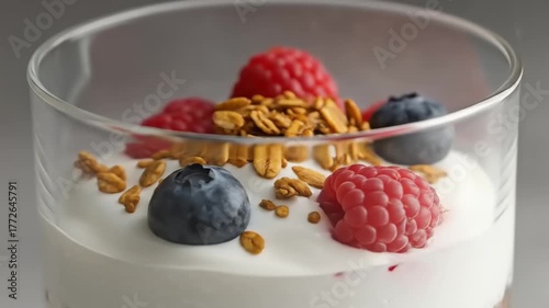 Delicious yogurt parfait topped with fresh raspberries, blueberries, and crunchy granola in a clear glass