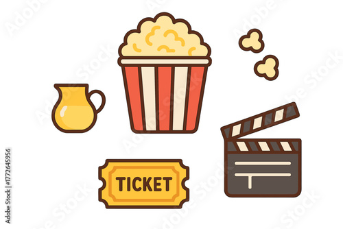 Classic cinema elements for movie night featuring popcorn, clapperboard, ticket, and butter