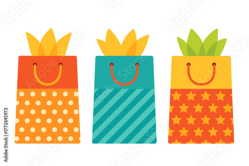 Collection of three brightly colored shopping bags with various patterns and handles ready for holiday gifts