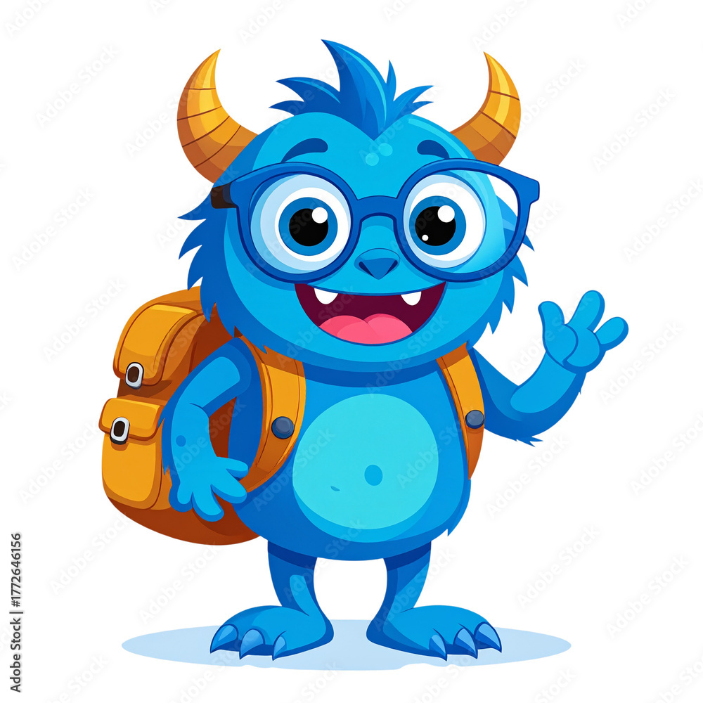 Fototapeta premium Cartoon blue monster with oversized glasses carrying a playful smile. Fun vector perfect for kids, humor, fantasy, quirky characters, and colorful monster designs