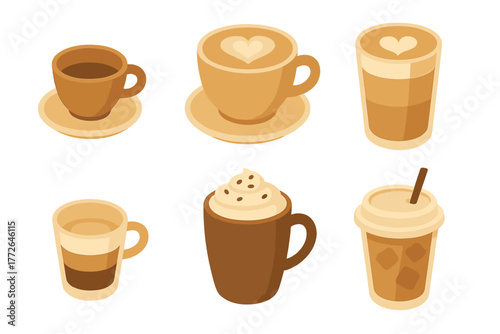 Isometric set of various coffee drinks including hot espresso, latte, cappuccino, mocha, and iced coffee