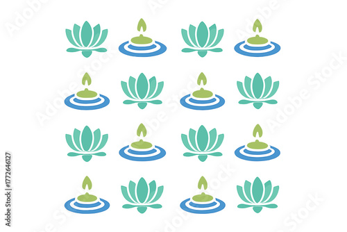 Stylized lotus flowers and floating oil lamps seamless background on water ripples