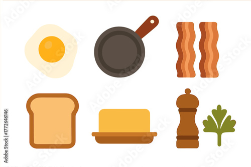 Set of breakfast and cooking ingredients including fried egg, bacon, bread, butter, frying pan, and seasoning mill