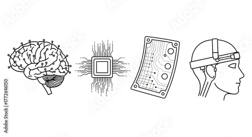 Brain chip technology and neural interface headset for futuristic digital innovation vector