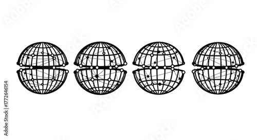 Four abstract globe halves arranged in a row representing global concepts vector