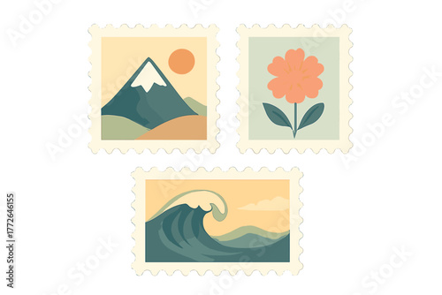 Minimalist postage stamps with nature elements: mountain, sun, flower, and powerful ocean wave