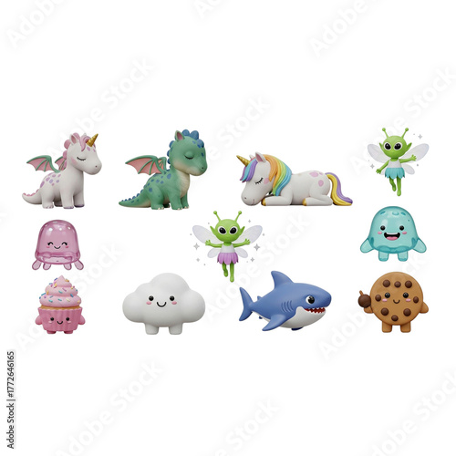 3d illustration of collection of cute and colorful toy figurines isolated on transparent background playful concept transparent background png