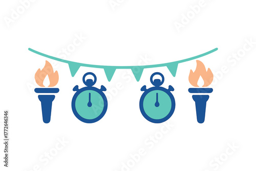 Pair of flaming torches and stopwatches decorated with festive bunting for a sporting event