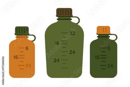 Three army canteens with measurement markings for outdoor survival and hiking gear