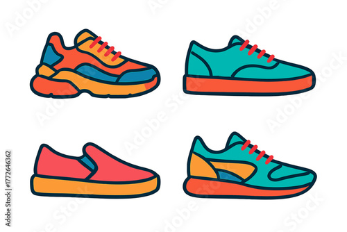 Diverse collection of modern athletic footwear including chunky sneakers, running shoes, and casual slip-ons