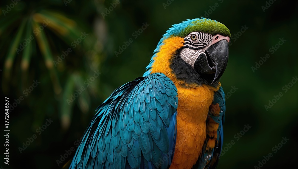 Fototapeta premium Blue and yellow macaw parrot preening its vibrant plumage, showcasing natural beauty