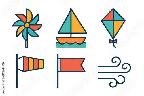 Colorful icons representing wind movement and related objects like pinwheels, kites, and sailboats