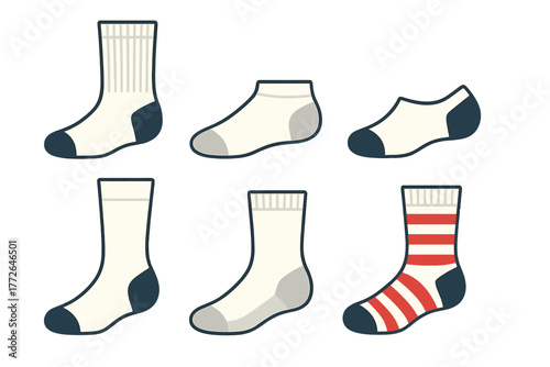 Six pairs of socks displaying various lengths, patterns, and styles including crew and ankle designs