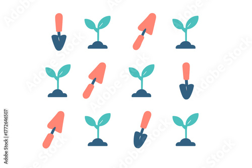 Small plant sprouts growing from soil alternating with garden hand trowels