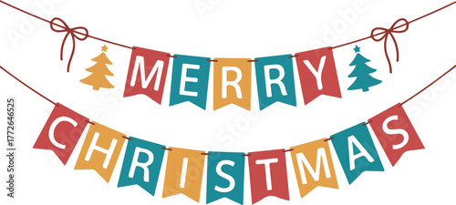 Merry Christmas vector banner with colorful pennants and festive Christmas tree illustrations