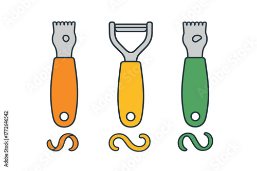 Set of kitchen tools including vegetable peeler and two citrus zesters with colorful handles