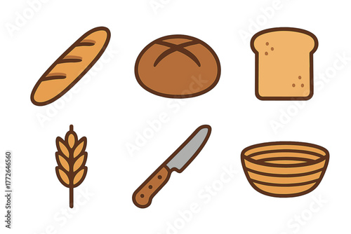Collection of bakery elements featuring different types of bread, wheat, a cutting knife, and a serving basket