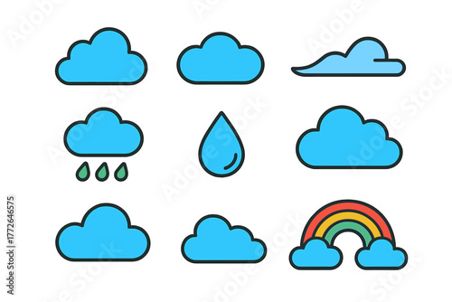 Set of simple weather forecast icons featuring clouds, rain, water drop, and rainbow symbols