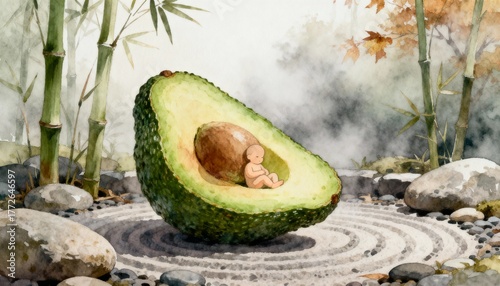 Newborn Baby Nestled in Giant Avocado Pit in Tranquil Watercolor Zen Garden with Bamboo and Raked Stones