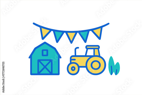 Colorful farm scene featuring a teal barn, yellow tractor, and festive party flags