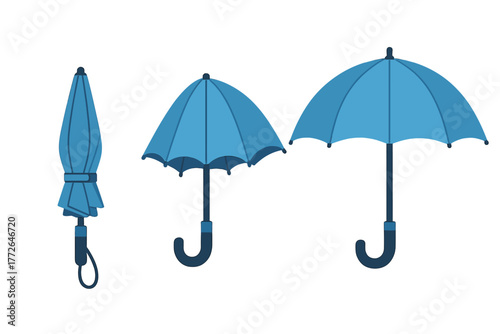 Three blue umbrellas showing different stages of opening and closing on a white background