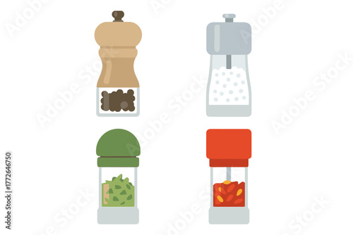 Four spice grinders filled with salt, black pepper, dried herbs, and chili flakes