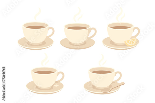 Five steaming cups of hot tea or coffee served on saucers with various additions