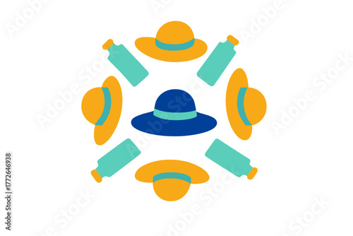 Colorful circular pattern of summer vacation essentials: sun hats and sunscreen bottles