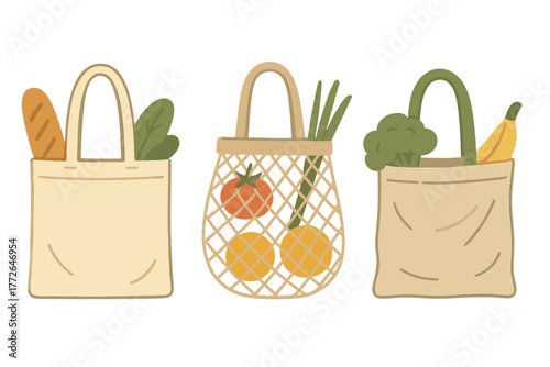 Reusable canvas and string bags filled with fresh produce and baked goods for sustainable shopping