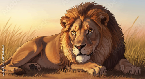 Majestic Lion Resting in the Savannah Grass, Golden Hour Lighting.