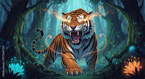 Majestic Tiger Roaring in a Mystical Forest, Glowing Eyes.